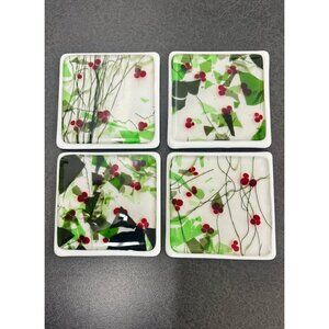 Fused Glass Coasters Red Green Black White Handmade Set of 4 & Holder Art Deco